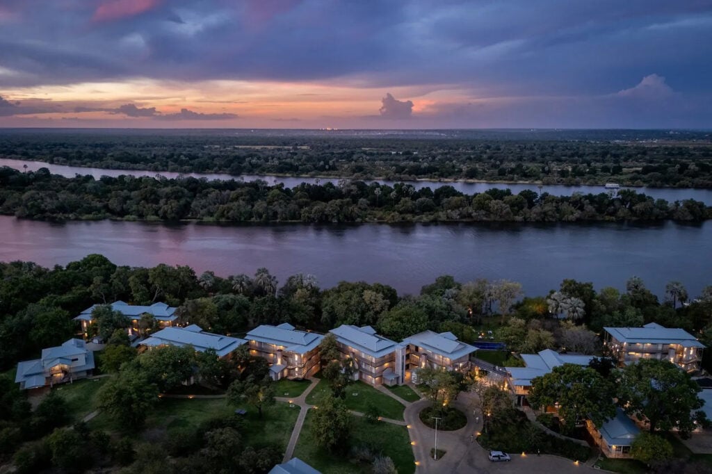 View of Victoria Falls with nearby lodges and hotels